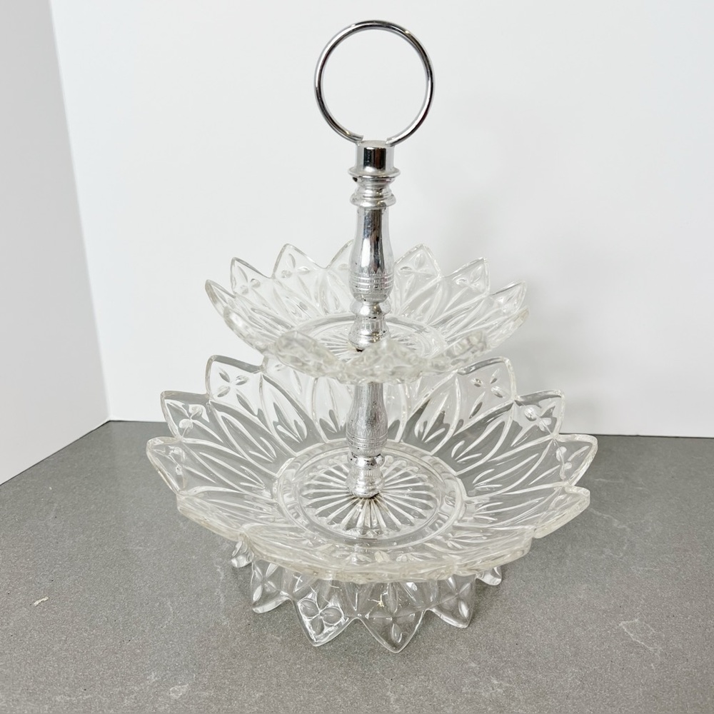 VINTAGE MCM Federal Glass Two-Tier Serving Tray with Chrome Tone Metal Handle